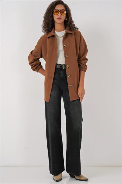 0674 Cepli Oversize Gömlek - Taba