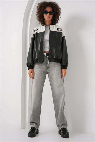 0698 Baskılı Suni Deri Bomber Ceket - Beyaz