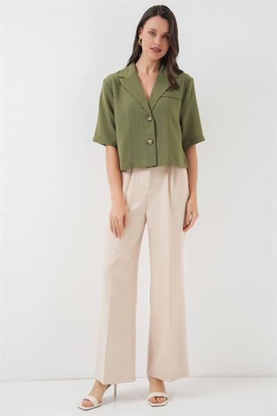 0706 Crop Keten Ceket - Haki