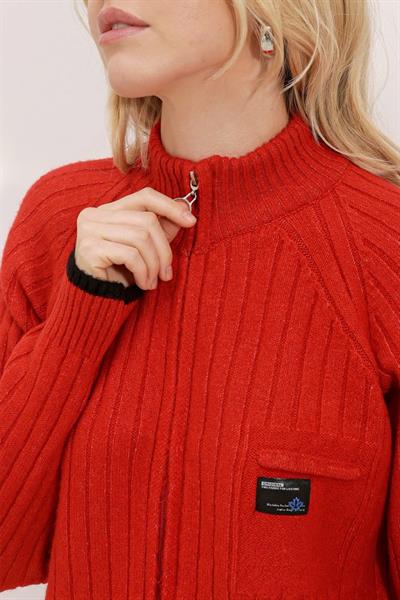 15863 Fermuarlı Triko Hırka - Kırmızı