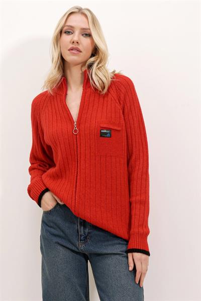 15863 Fermuarlı Triko Hırka - Kırmızı