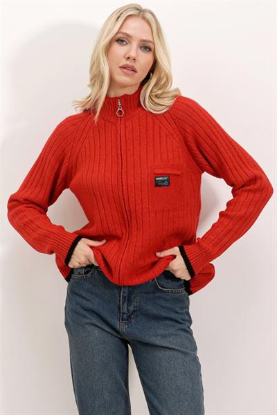 15863 Fermuarlı Triko Hırka - Kırmızı