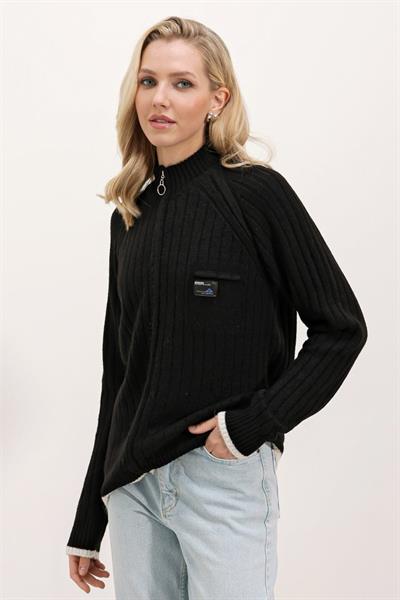 15863 Fermuarlı Triko Hırka - Siyah