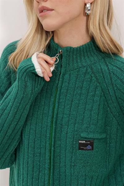 15863 Fermuarlı Triko Hırka - Zümrüt Yeşili