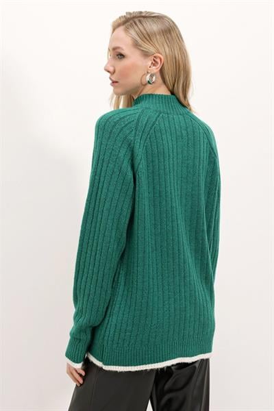 15863 Fermuarlı Triko Hırka - Zümrüt Yeşili