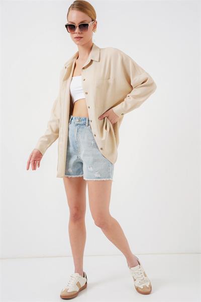 20126 Oversize Keten Gömlek - Bej