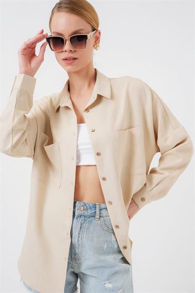 20126 Oversize Keten Gömlek - Bej
