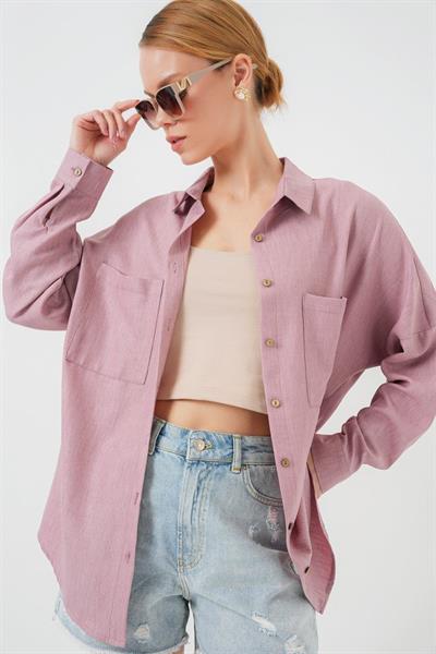 20126 Oversize Keten Gömlek - Gül Kurusu