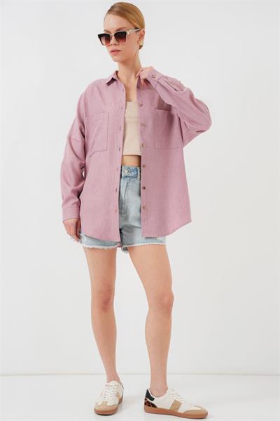20126 Oversize Keten Gömlek - Gül Kurusu