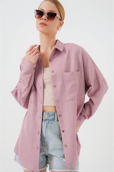 20126 Oversize Keten Gömlek - Gül Kurusu