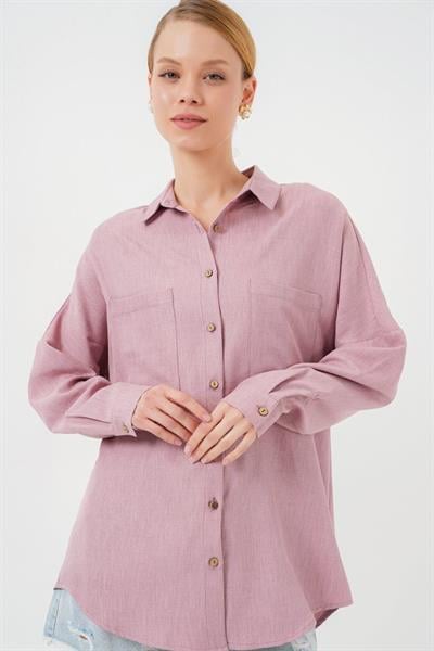 20126 Oversize Keten Gömlek - Gül Kurusu