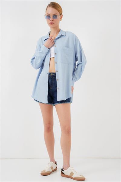 20126 Oversize Keten Gömlek - Mavi