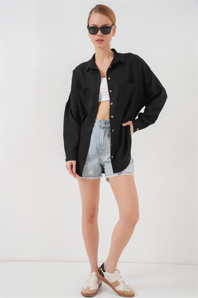 20126 Oversize Keten Gömlek - Siyah