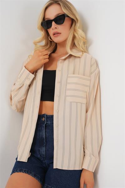 20143 Cepli Oversize Gömlek - Krem
