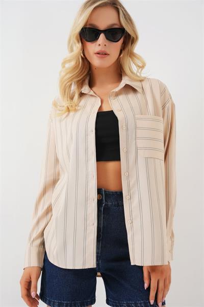 20143 Cepli Oversize Gömlek - Krem