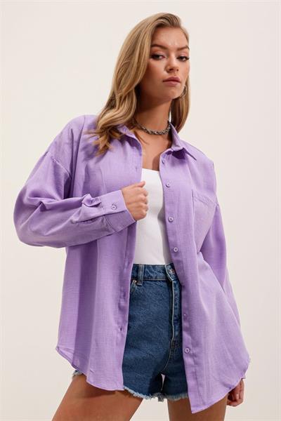 20153 Tek Cepli Oversize Keten Gömlek - Lila