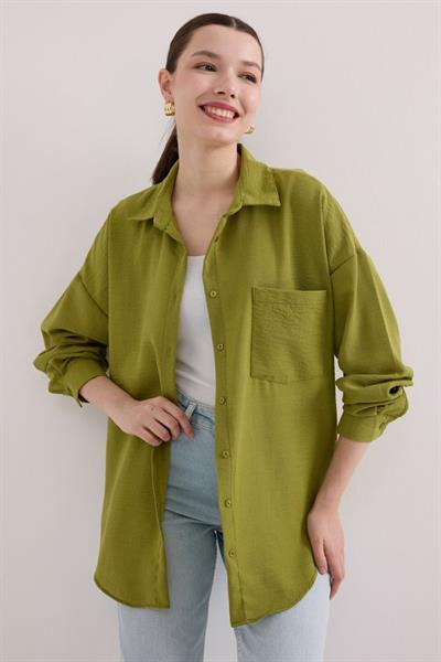 20153 Tek Cepli Oversize Keten Gömlek - A.Yeşil