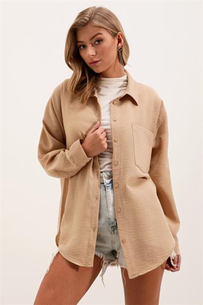 20153 Tek Cepli Oversize Keten Gömlek - A.Bej