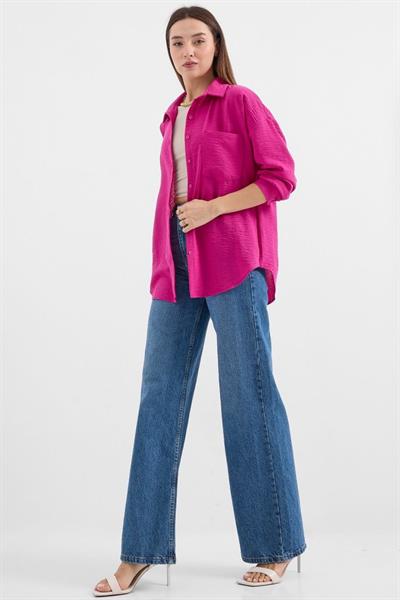 20153 Tek Cepli Oversize Keten Gömlek - Koyu Pembe