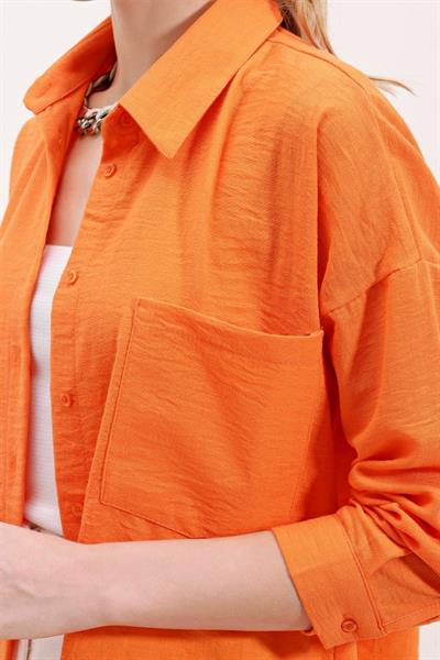 20153 Tek Cepli Oversize Keten Gömlek - Oranje