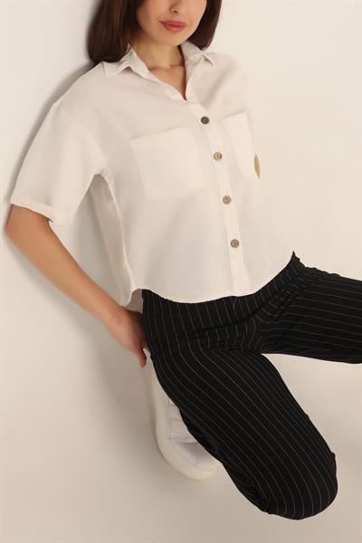 20180 Çift Cepli Keten Gömlek - Taş