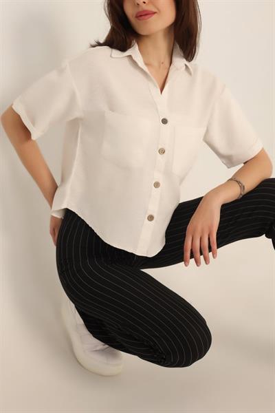 20180 Çift Cepli Keten Gömlek - Taş