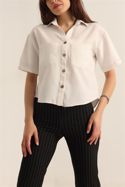 20180 Çift Cepli Keten Gömlek - Taş