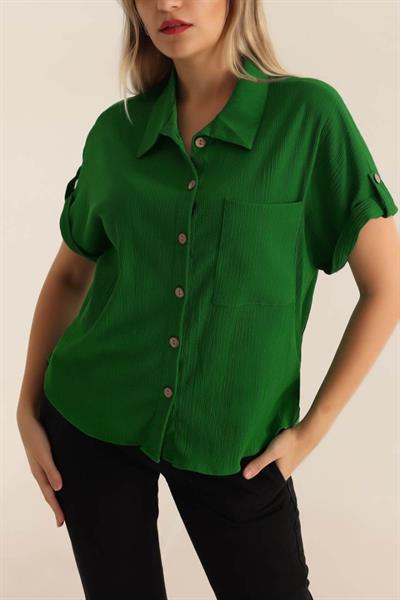 20182 - Duble Kol Bayan Krinkıl Gömlek - Yeşil
