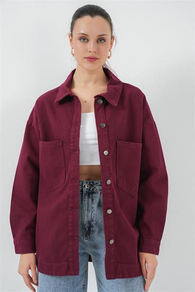 20192 Oversize Gabardin Gömlek Ceket - Bordo