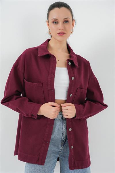 20192 Oversize Gabardin Gömlek Ceket - Bordo
