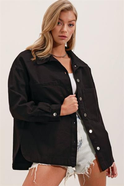 20192 Oversize Gabardin Gömlek Ceket - Siyah