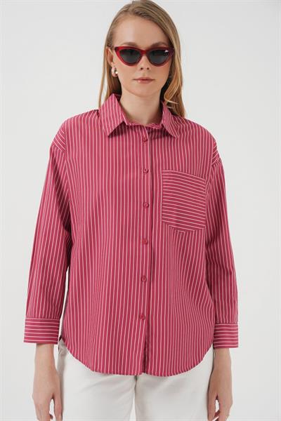 20205 Çizgili Oversize Gömlek - Kırmızı