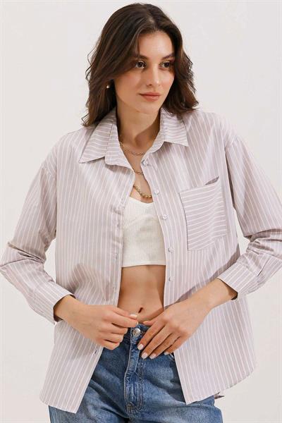 20205 Çizgili Oversize Gömlek - Krem