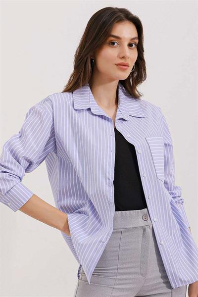 20205 Çizgili Oversize Gömlek - Mavi
