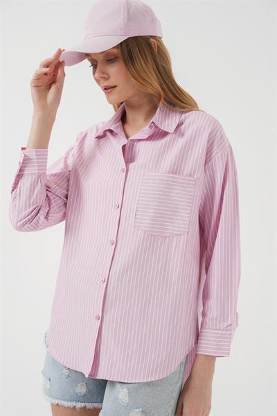 20205 Çizgili Oversize Gömlek - Pudra