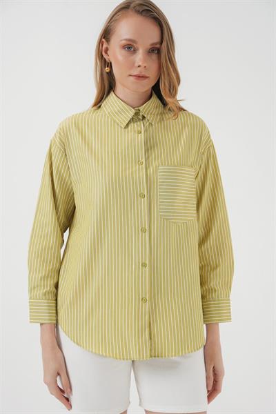 20205 Çizgili Oversize Gömlek - Yağ Yeşil