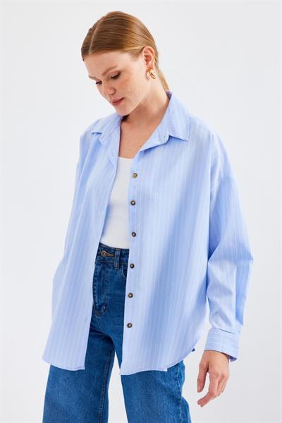 20208 Çizgili Oversize Uzun Basic Gömlek - Mavi