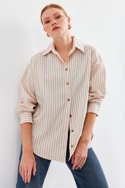 20208 Çizgili Oversize Uzun Basic Gömlek - Krem