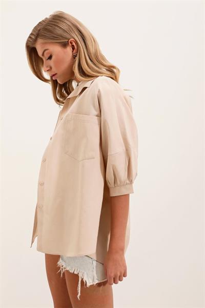 20213 Oversize Kısa Kol Basic Gömlek - Krem
