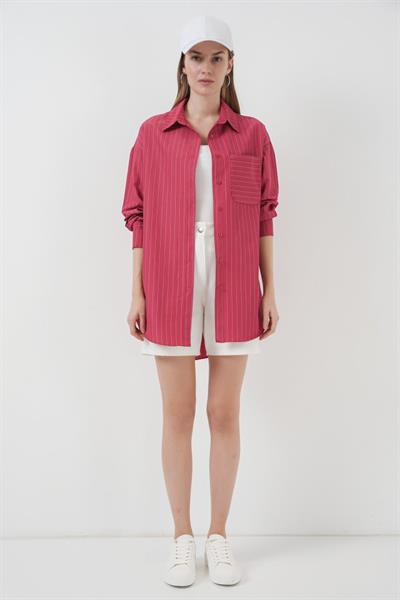 20217 Cep Detaylı Çizgili Oversize Gömlek - Kırmızı