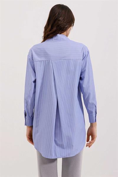 20217 Cep Detaylı Çizgili Oversize Gömlek - İndigo
