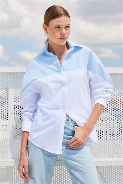 20221 Blok Renkli Oversize Gömlek - Mavi