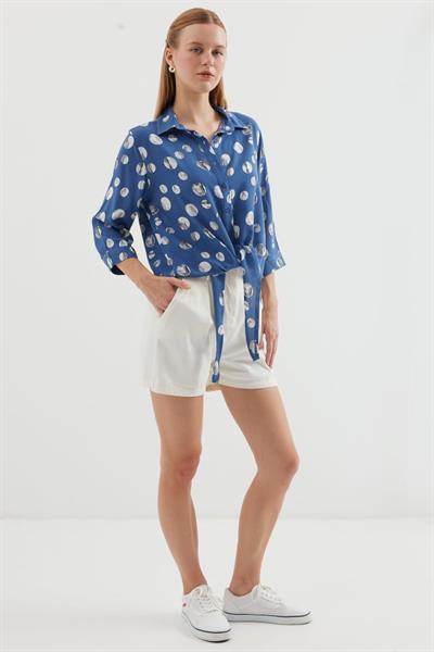 20243 Önü Bağlamalı Desenli Gömlek - İndigo