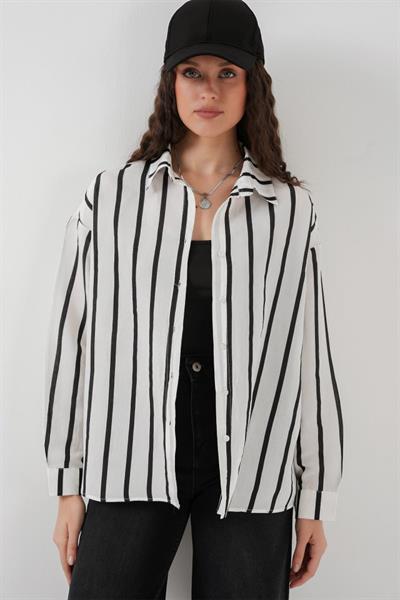 20254 Çizgili Oversize Basic Gömlek - Siyah - Beyaz