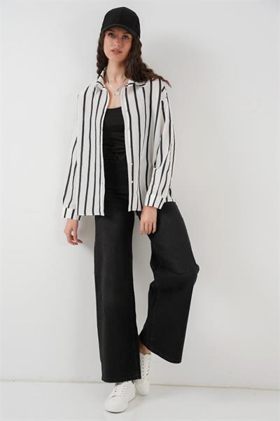 20254 Çizgili Oversize Basic Gömlek - Siyah - Beyaz