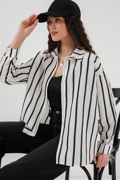 20254 Çizgili Oversize Basic Gömlek - Siyah - Beyaz