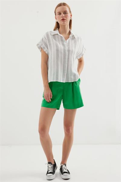 20261 Kısa Kol Oversize Keten Gömlek - Siyah