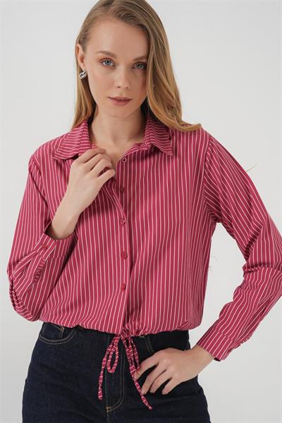 20276 Uzun Kol Çizgili Gömlek - Kırmızı