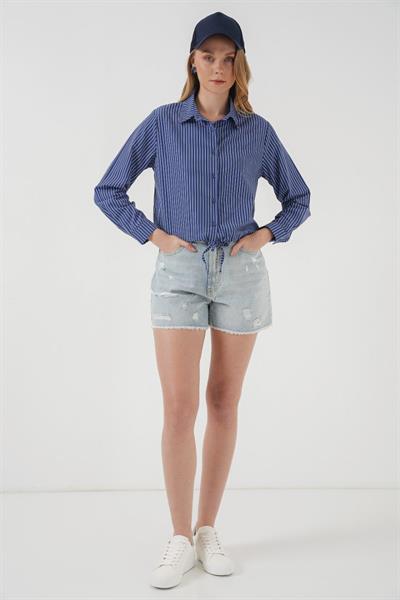 20276 Uzun Kol Çizgili Gömlek - Lacivert