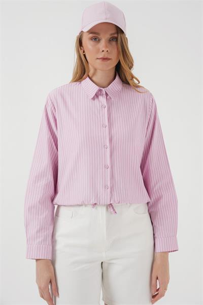20276 Uzun Kol Çizgili Gömlek - Pembe